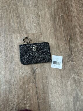 Kate Spade NWT Black Glitter Zip Cardholder with Clover Charm